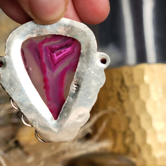 Bold Sterling Silver Pink Agate Pendant with Faceted Ruby Accents - Picture 3 of 10